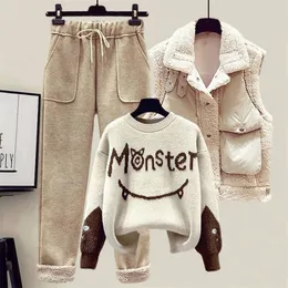 Zweiteilige Damen-Hosen Winter Damen-Trainingsanzug Monster-Buchstabe bedruckter Strickpullover Pullover Lammwollweste Freizeithosenanzug 3-teiliges Set 220906