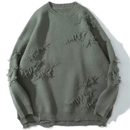 Męskie swetry vintage sweter hip hop harajuku męskie ubranie streetwear pullovers Oversiased Sweater Ripped Pure Color Hole wełniane dzianiny Tops 220906