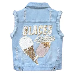 Gilet per bambina Denim Cartoon Gilet Giacca Cappotto Abiti Bambino Bambini Paillettes Ricamo Ragazze Gilet Abbigliamento per bambini Capispalla 220905