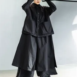 여자 트렌치 코트 eam 여성 검은 큰 크기의 긴 포켓 트렌치 라펠 긴 슬리브 느슨한 핏 윈더 브레이커 패션 스프링 가을 1de3081 220906