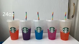 2022 Starbucks 24oz/710 ml plastmuggar tumbler ￥teranv￤ndbar klar dricka platt botten pelare form lock halmkoppar mugg den nya heta produkten f￶r fabriksdirektf￶rs￤ljning att