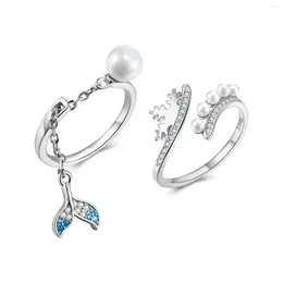 Cluster Ringe Meerjungfrau Ring 925 Sterling Silber Blau Ozean Schneeflocke Krone Perle Glänzend CZ Einstellbar Offener Finger Frauen Geschenke