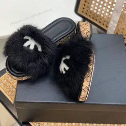 F/W Women Furry Slippers With Wood Flat Sandals Outdoor Shoe Platform Sandals Flip Flops Slip-ons Designer Black Soft Plush Cozy Open Toe Faux Rabbit Fur Warm Comfy