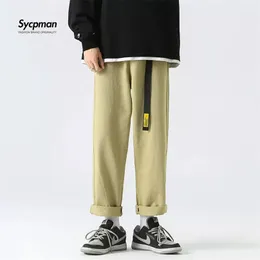Mens Pants Belt Loose Fashion Straight Tube Trouser Student Brand Long Japanese Streetwear Harajuku Cotton Four Seasons 220906