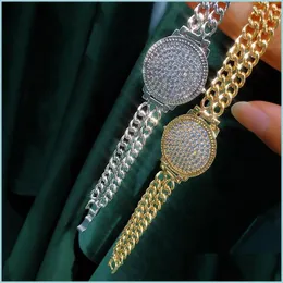 Inne bransoletki moda bling kubańska link bransoletki ctystal okrągły zegarek Biegła Biegła biżuteria dla kobiet mężczyzn Drop de Lulubaby Dhksw