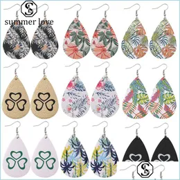 Dangle Chandelier Unique Design Heart Leaf Flower Print Leather Teardrop Earrings For Women Water Drops Faux Pu Dangle Christmas Dro Dh51Y