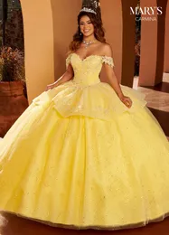Żółta aplikacja 2023 Quinceanera sukienki z ramion z koralikami kulkowatą koronkową koronkową 16 sukienki impreza