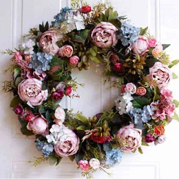 Decorative Flowers Wreaths 53cm Door Wreath Large Garland Artificial Flower Wreath Wall Hanging Door Decoration Home Decoration Farmhouse Decor T220905