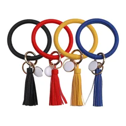 4PCS Leather Wristlet Keychain Bracelets Charm Round Key Ring Large Circle Tassel Chain Holder Bangle for Women Girls