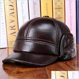 Ball Caps Mens Cap Winter Hat For Men 2021 Genuine Leather Hats Male Warm Earmuffs Man Bomber Caps Dad Earflap Bone Drop Del Lulubaby Dhidl