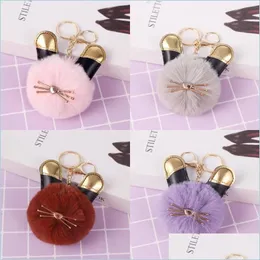 Anahtarlıklar Pompom Anahtar Yüzük Kabarık Faux Tavşan Kürk Key Zincir Güzel Hayvan Keyfoblar Araba Kolye Kerecting Charm Takı L596F MJFAge DHDQZ