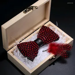 Bow Ties JEMYGINS Original Black Red Dot Feather Hand Made Tie Fashion Leather Bowtie Brooch Pin Gift Box Set For Men Wedding Party