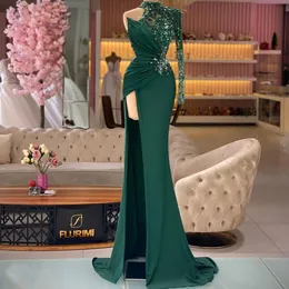 Green Prom Dresses Princess One Long Sleeve High Neck Appliques Sequins Beaded Evening Dresses Satin Side Slit Floor Length Party Gowns Plus Size Custom Made