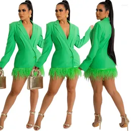 Damespakken Blazers Green Feather Tassels Vrouwen Pak Dress Sexy V Nek Lange mouwen Knoppen Solid Elegant Office Lady