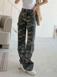 Dżinsy damskie irabeezt Cool Hot Girl Jeans Women Retro American Army Green Camuflage Dżinsy Kobieta luźna wysoka talia szeroka noga proste spodnie T220825