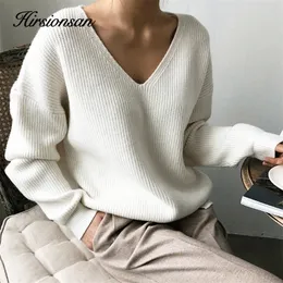 Suéteres femininos hirsionsan engrossam mulheres vintage minimalista outono inverno coreano casual malha de malha de malhas v alpas de pescoço 220906