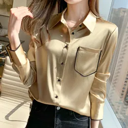 2022 Spring Autumn Korean Satin Silk Shirt Vintage Long Sleeve Blouse Women New Office Lady Clothes Pocket Fashion Tops Chic