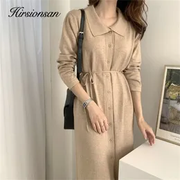 Casual Dresses Hirsionsan Autumn Winter Women Sweater Turn Down Collar Lace Up Buttons Solid Knit Elegant Lady Long 220906