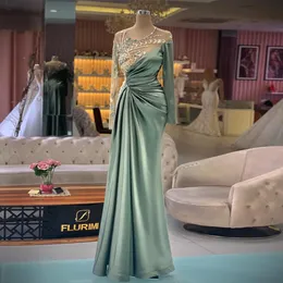 Sage Mermaid Beaded Evening Dresses Long Sleeves Appliqued Prom Gowns Sheer Jewel Neckline Satin Floor Length Formal Dress