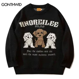 Suéteres masculinos homens suéteres coreanos streetwear harajuku bordado cartoon cão jumpers suéter 2022 outono hip hop casual pullovers streetwear t220906