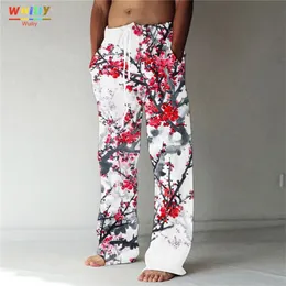 Calça masculina de moda masculina calça reta 3d impressão elástica design de cordão de bolso frontal bolso de bolso de flores estampas gráficas Floral Comfort 220907