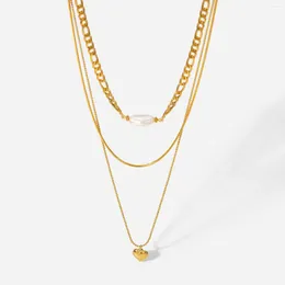 Collares colgantes acero inoxidable placas de oro de 18 km de tres capas Coraz￳n natural Cadena de perlas de agua dulce para mujer para mujer