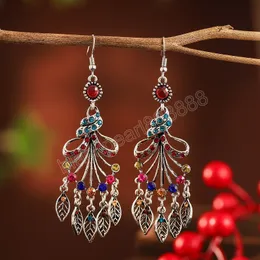 Lange Quasten-Blatt-Ohrringe für Frauen, indischer Jhumka-Schmuck, Boho-Ethno-Mode-Ohrringe, bunte Strass-Braut-Ohrringe