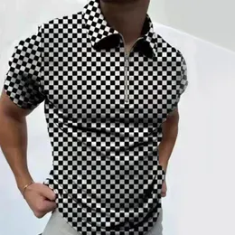 Camisa de pólo xadrez preto de verão masculino masculino de manga curta de tamanho curto top
