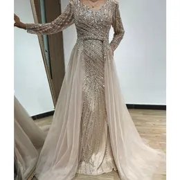 Sparkling Prom Dresses Princess Long Sleeves Deep V Neck Appliques Sequins Beaded Evening Dresses Detachable Train Floor Length Party Gowns Plus Size Custom Made