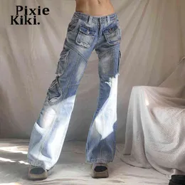الجينز النسائي pixiekiki y2k متعددة الجيبات شحن جينز جينز امرأة الشارع الشارع خمر سراويل الدنيم