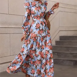 Casual Dresses BKMGC Ruffle Butterfly Sleeve Floral Print ONeck Belted Waist Summer Autumn Women Long Maxi Boho Bohemian Cloth 220906