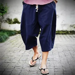 Calça masculina linho de algodão largura perna larga pendurada groch hip hop bloomers calf-comprimento as calças cruzadas 220907