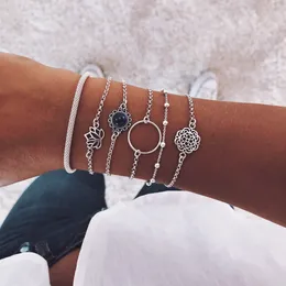 Europeiska och amerikanska enkla 6-delade set lotus blad runda sten blomma stycke pärla kedja fashionabla armband