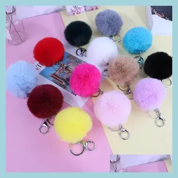 Keychains 8cm fluffig faux kanin päls boll nyckelringar kvinnor flickor bil skolväska nyckelring nyckelning pompom kedjan tillbehör gi newdhbest dhxb7