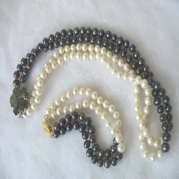Hand knutna 2Rows halsbandsarmband set 6-7 mm vit svart sötvatten pärla zirkon mikroinlägg lås modet smycken