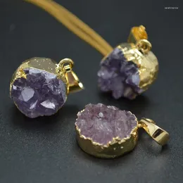 Collares colgantes Pequeño elegante natural púrpura cristal redondo moneda piedra cadenas unidas collar joyería de moda