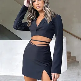 Vestido de duas peças sibybo outono cortado Blazer Skirt Conjunto de 2 s feminino femme botão entalhado com renda para cima 220906