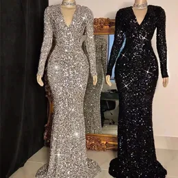 Casual Dresses Partysix Women Gray V Neck Long Sleeve Sequin Elegant Evening Party Maxi Ladies Trailing 220906