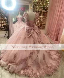 Prenses Pembe Vestidos de 15 Anos Quinceanera Elbiseler Dantel Kapalı Omuz Tatlı 16 Cüppe De Soiree Kız Prom Wear