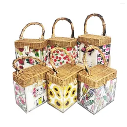 Bolsas de noite Moda Bolsas de caixa de flores conservadas Mulheres Bamboo Rattan Retro PVC Flap ombro Mini Tote Messenger Bag