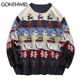 Men's Sweaters Hip Hop Ugly Christmas Sweater Streetwear Harajuku Knitted Deer Pullover Sweater 2022 Autumn Men Patchwork Stripe Sweaters Black T220906