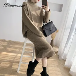 Two Piece Dress Hirsionsan Elegant Knitted Sweater Pant Suits Women Soft Warm Sexy Female Sets 2 Pieces Slim Fit Skirt Loose Tops Ladies Ourfits 220906