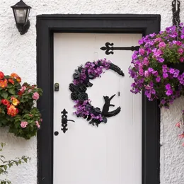 Finta vegetazione floreale Ghirlande di porte a forma di luna Decorazioni per le vacanze di Halloween Segno di benvenuto Goth Rose Gatti neri Ghirlanda Ornamento per porta d'ingresso # t2g 220908