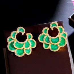 Ohrhänger CWWZircons Geometrische Mehrere Grüne Emaille-Blume Vergoldet Kubischer Zirkon Großer Tropfen Schicke Retro-Hochzeit Für Frauen CZ420