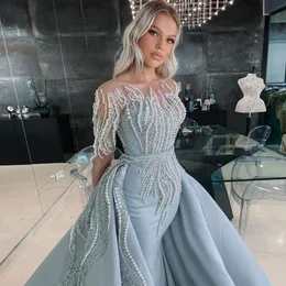 Luxury Pearls Mermaid Prom Dresses With Detachable Train Long Sleeves Evening Gowns Sheer Bateau Neck Sequined Satin Special Occasion Formal Wear