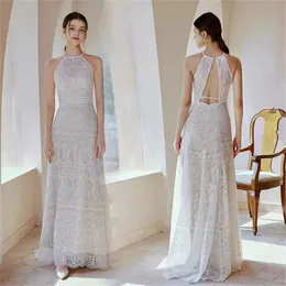 Spetsbröllopsklänning Boho -stil rygglös rygglös retro liten släpande ljus LD8018