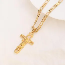 Pendant Necklaces G/F Gold Cross Jesus Crucifix Frame Italian Figaro Link Chain Necklace 9 K Solid Fine Yellow THAI BAHT