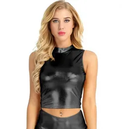 Womens shiny Catsuit Costumes Sleeveless Mock Neck Turtleneck Crop Tank Tops Nightwear Clubwear Party Clothes