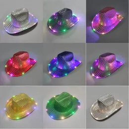 Halloween Luminous Cowboy Hats LED Flashing Light Up Sequin Party Christmas New Year Caps Cosplay Costume