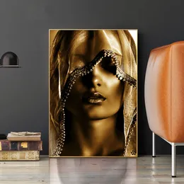 キャバン絵画北欧スタイルのゴールデンメイクアップ女性ポスタースカンジナビアのキャンバスプリントリビングルームの壁アート画像モダンな家の装飾クアドロス